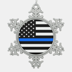 "THIN BLUE LINE ON AMERICAN FLAG" SNOWFLAKE PEWTER CHRISTMAS ORNAMENT