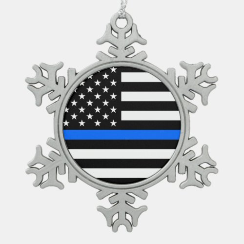 THIN BLUE LINE ON AMERICAN FLAG SNOWFLAKE PEWTER CHRISTMAS ORNAMENT