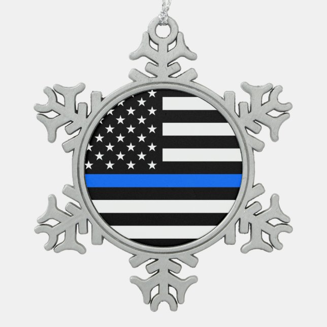 "THIN BLUE LINE ON AMERICAN FLAG" SNOWFLAKE PEWTER CHRISTMAS ORNAMENT (Front)
