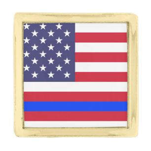 "THIN BLUE LINE on FLAG" Gold Finish Lapel Pin