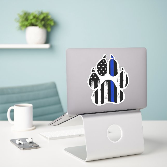 Thin Blue Line Paw Print Sticker (Laptop On Desk)