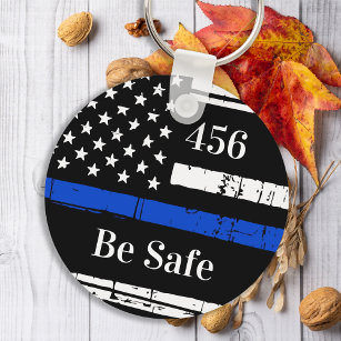 Thin Blue Line Personalised Badge Number Police Keychain