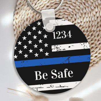 Thin Blue Line Personalized Badge Number Police Ke Keychain by BlackDogArtJudy at Zazzle