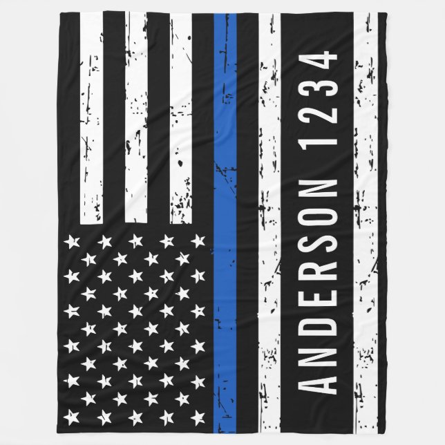 Thin Blue Line Personalized Badge Police Officer Fleece Blanket (Front)