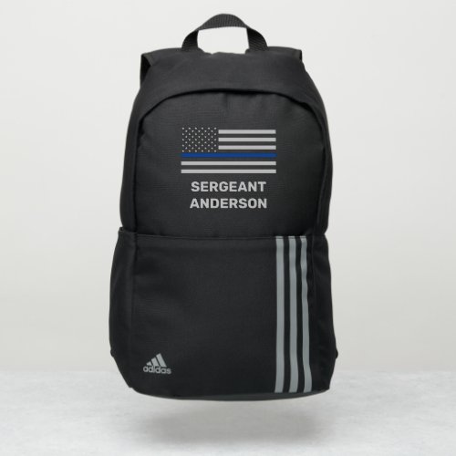 Thin Blue Line Personalized Name Rank Police Adidas Backpack - Thin Blue Line Police Backpack - American flag in Police Flag colors.. Personalize with police officers name and rank or badge number. This personalized police backpack is perfect for police officer, police department, and law enforcement.  COPYRIGHT © 2020 Judy Burrows, Black Dog Art - All Rights Reserved. Thin Blue Line Personalized Name Rank Police Adidas Backpack