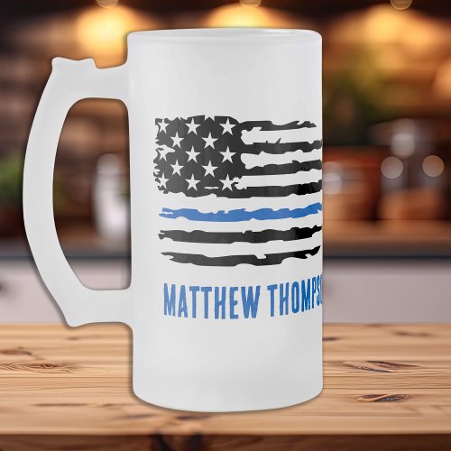 Thin Blue Line Personalized Police Officer Frosted Glass Beer Mug