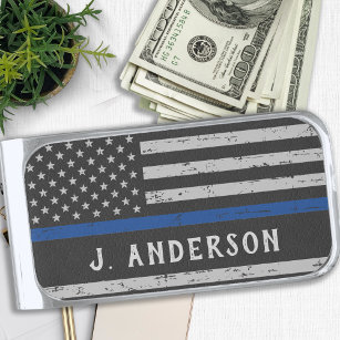 Thin Blue Line Personalized Police Officer Silver Finish Money Clip