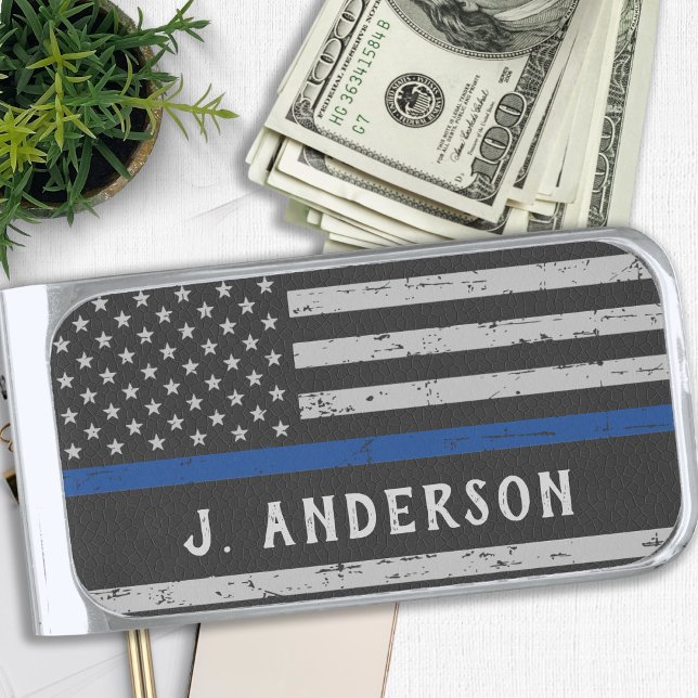 Thin Blue Line Personalized Police Officer Silver Finish Money Clip (Creator Uploaded)