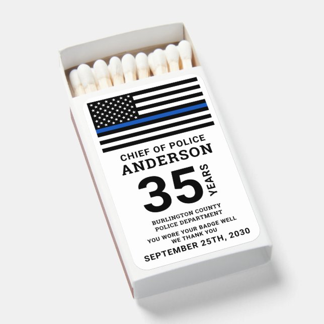 Thin Blue Line Personalized Police Retirement Matchboxes (Front Open)