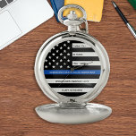Thin Blue Line Personalized Police Retirement Pocket Watch<br><div class="desc">Celebrate and show your appreciation to an outstanding Police Officer with this Thin Blue Line Retirement or Anniversary Police Pocket Watch - American flag design in Police Flag colors in a modern black an blue design . Perfect for service awards and Police Retirement gifts . Personalize this police retirement watch...</div>