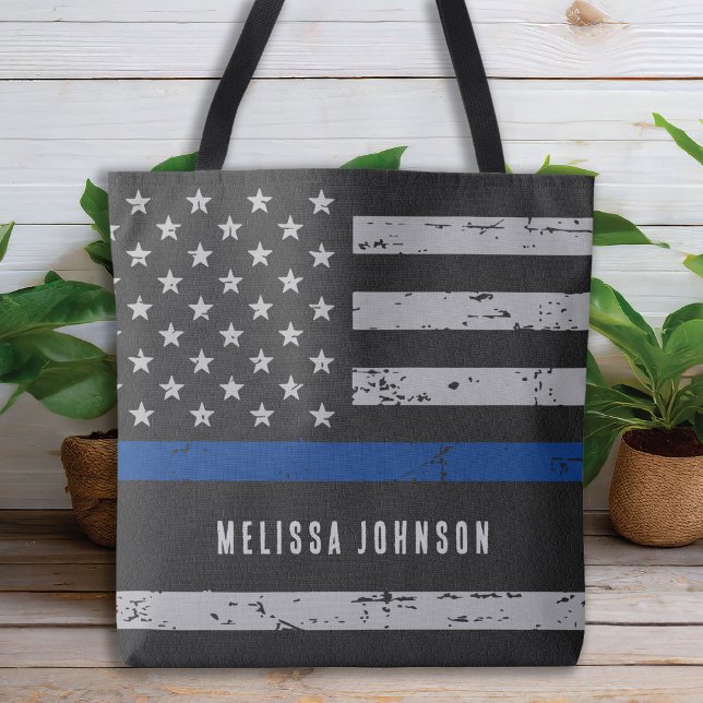 Thin Blue Line Personalized US Flag Police Officer Tote Bag (Creator Uploaded)