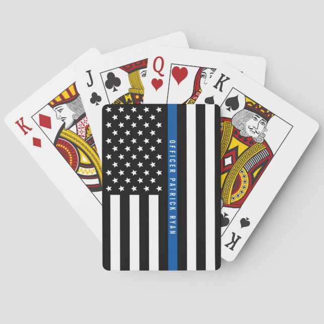 Thin Blue Line Police American Flag Monogram Name Poker Cards (Back)