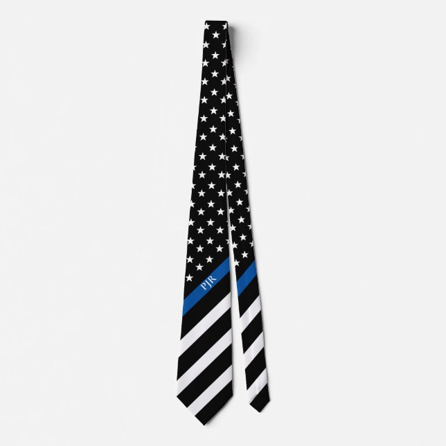 Thin Blue Line Police American Flag Monogram Neck Tie (Front)