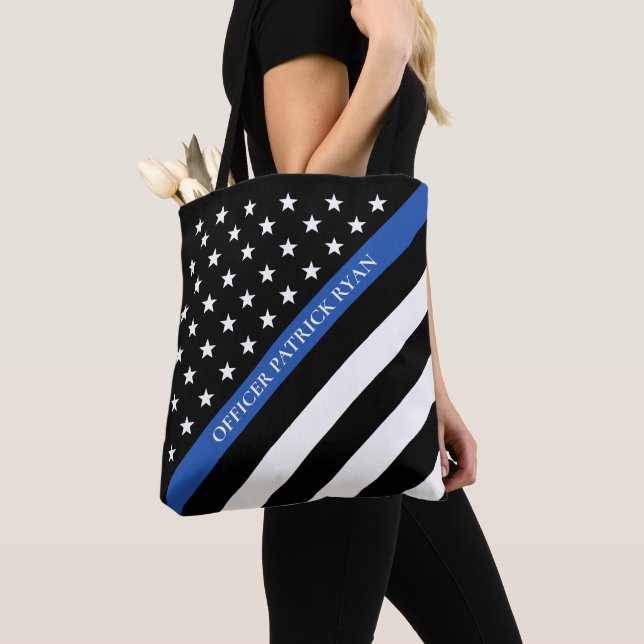 Thin Blue Line Police American Flag Monogram Tote Bag (Close Up)