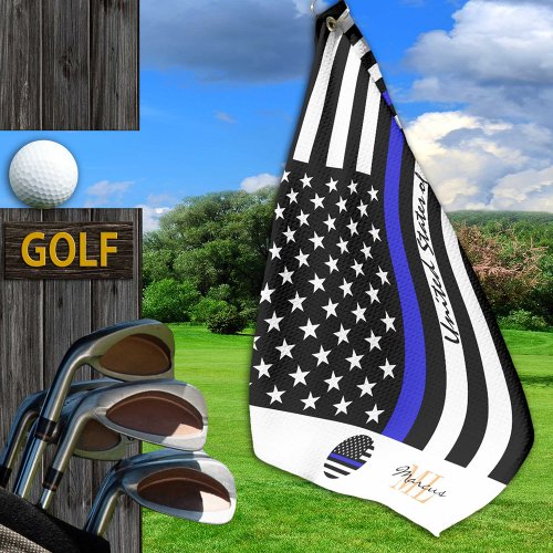 Thin Blue Line  Police American flag Monogramed Golf Towel