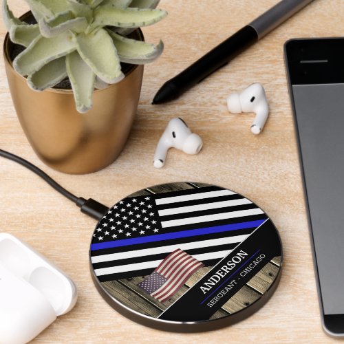 Thin Blue Line Police American Flag Rustic Wood Wireless Charger