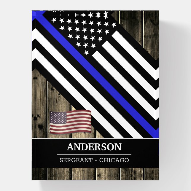 Thin Blue Line & Police American Flag, Wood / USA Paperweight (Vertical)