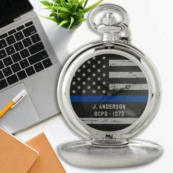 Thin Blue Line Police Badge Number  Pocket Watch by BlackDogArtJudy at Zazzle