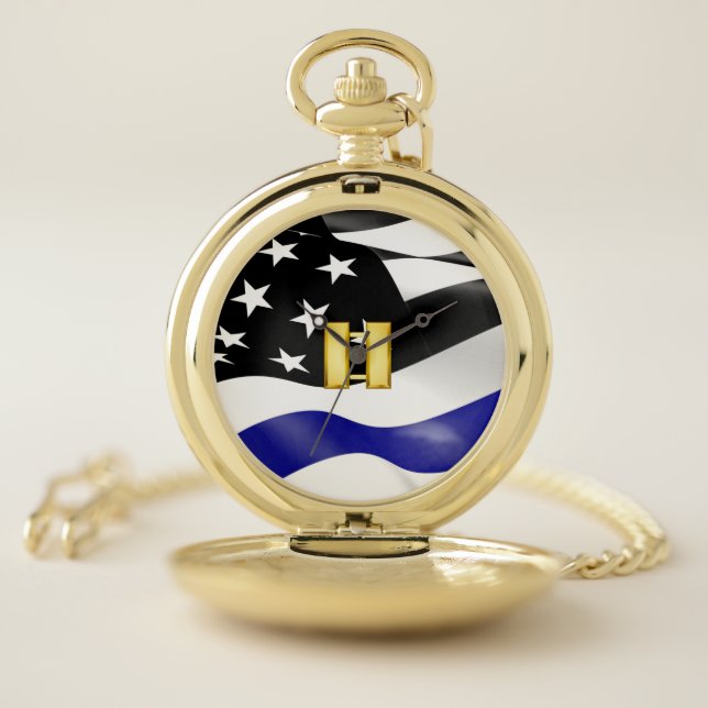 Thin Blue Line Police Captain Gold Pocket Watch (Inside)