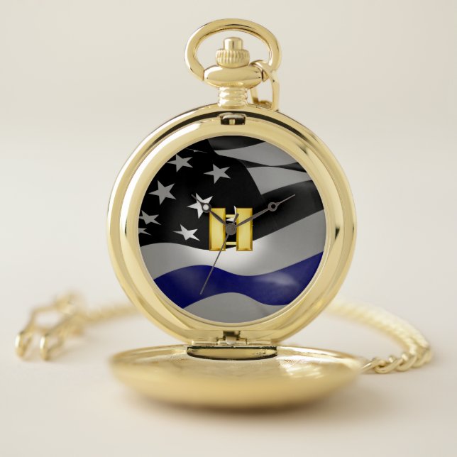 Thin Blue Line Police Captain Gold Pocket Watch (Inside)