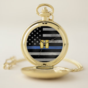 Thin Blue Line Police Captain Gold Pocket Watch