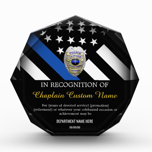 Thin Blue Line Police Chaplain Badge Acrylic Award (Front)