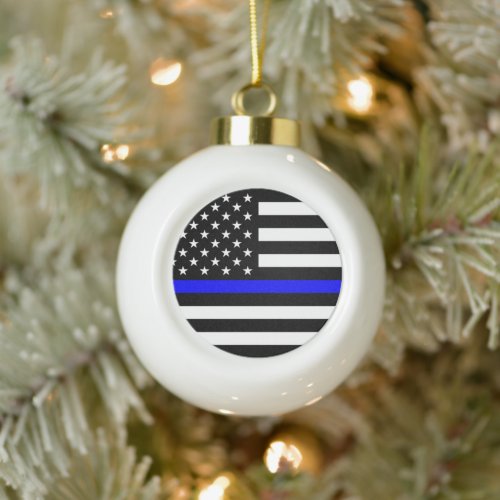 Thin Blue Line Police Cops American Flag Ceramic Ball Christmas Ornament