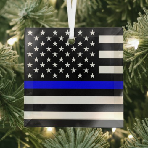 Thin Blue Line Police Cops American Flag Glass Ornament