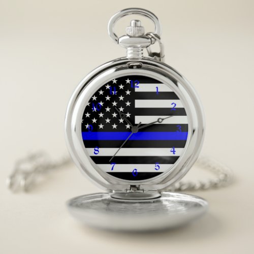 Thin Blue Line Police Cops American Flag Pocket Watch