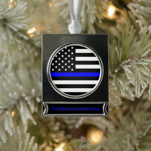 Thin Blue Line Police Cops American Flag Silver Plated Banner Ornament