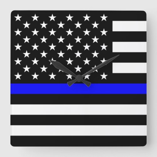 Thin Blue Line Police Cops American Flag Square Wall Clock