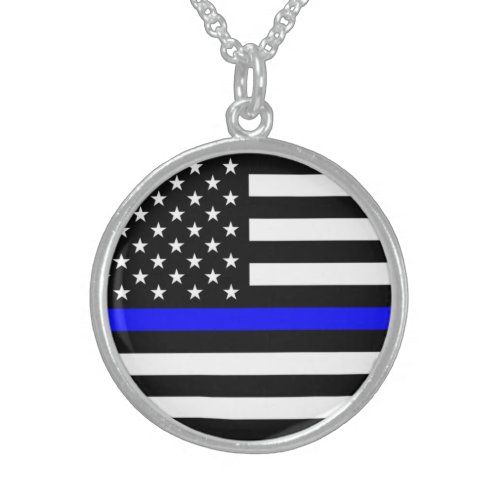 Thin Blue Line Police Cops American Flag Sterling Silver Necklace