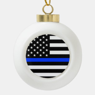 Thin Blue Line Police Flag Ceramic Ball Christmas Ornament
