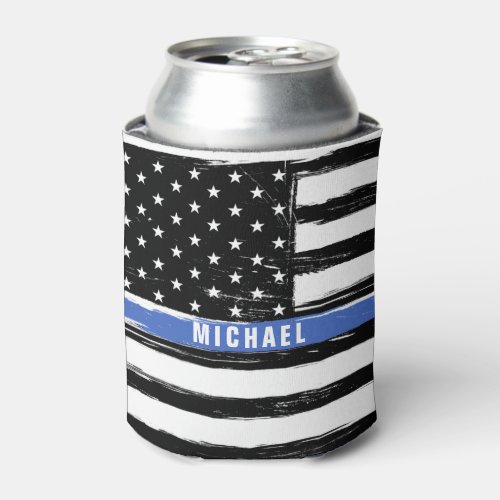 Thin Blue Line Police Flag Grunge Personalized Can Cooler