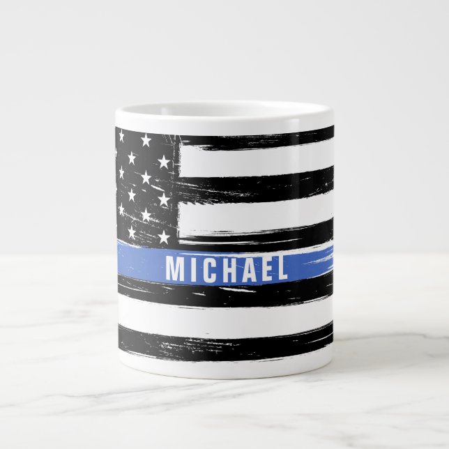 Thin Blue Line Police Flag Grunge Personalized Giant Coffee Mug (Front)