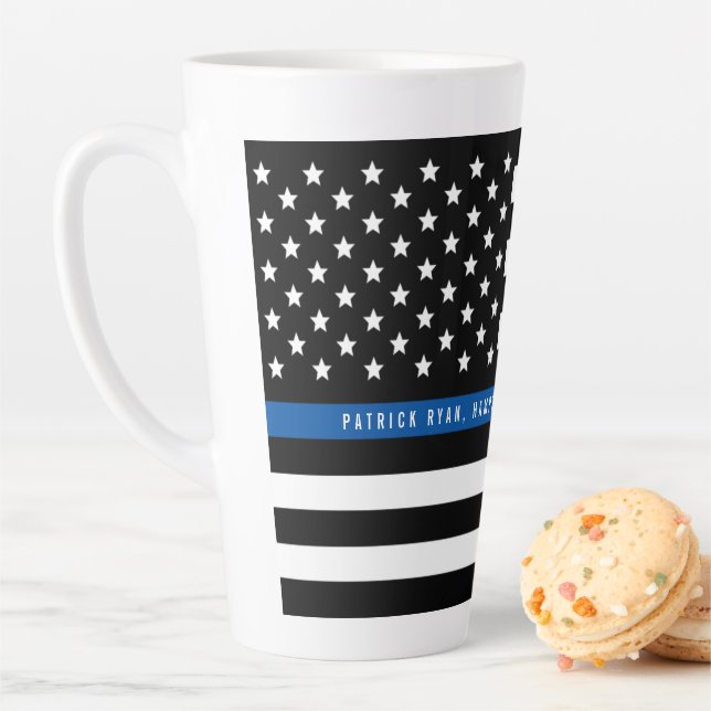 Thin Blue Line Police Flag Monogram Large Latte Mug (In Situ)