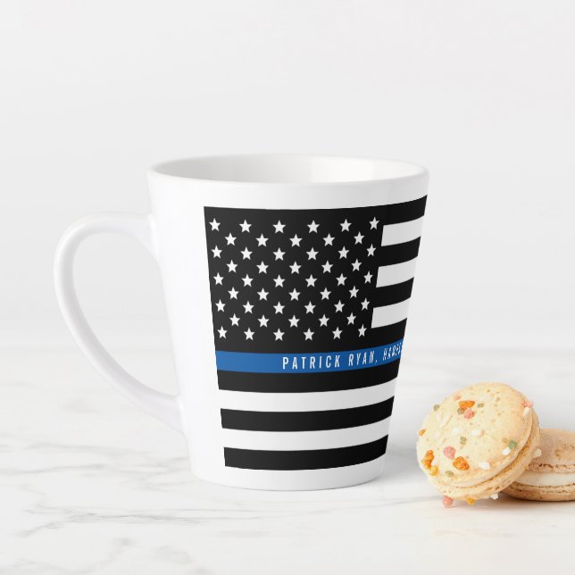 Thin Blue Line Police Flag Monogram Latte Mug (In Situ)