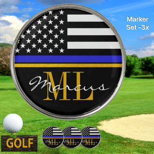 Thin Blue Line & Police flag Monogrammed / Golden Golf Ball Marker