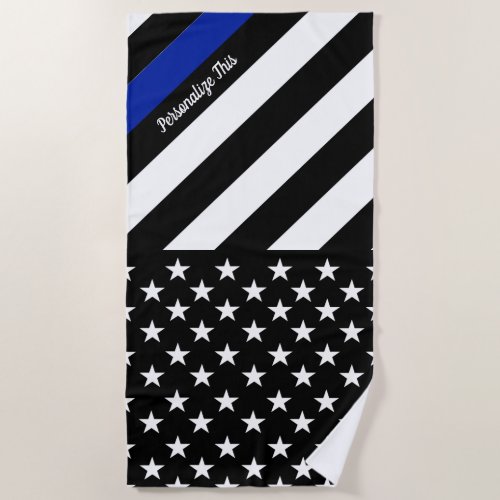 Thin Blue Line Police Flag Personalized Beach Towel - Great thin blue line police flag design for this personalized beach towel