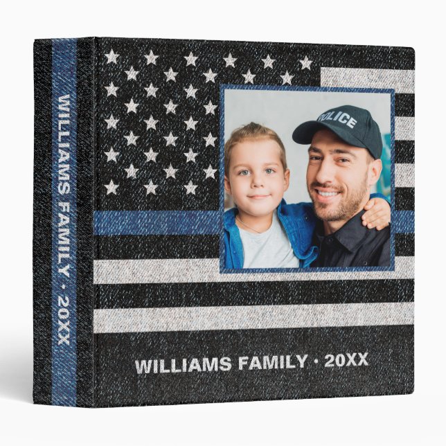 Thin Blue Line Police Flag Photo Denim 3 Ring Binder (Front/Spine)