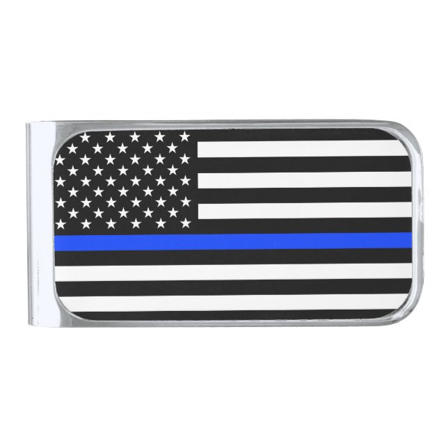 Thin Blue Line Police Flag Silver Finish Money Clip (Front)