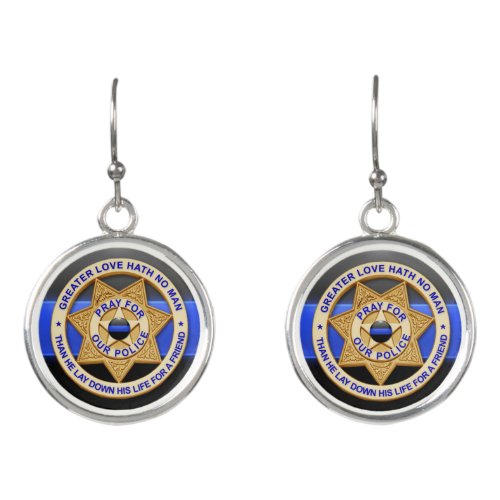 Thin Blue Line Police Greater Love Badge Earrings