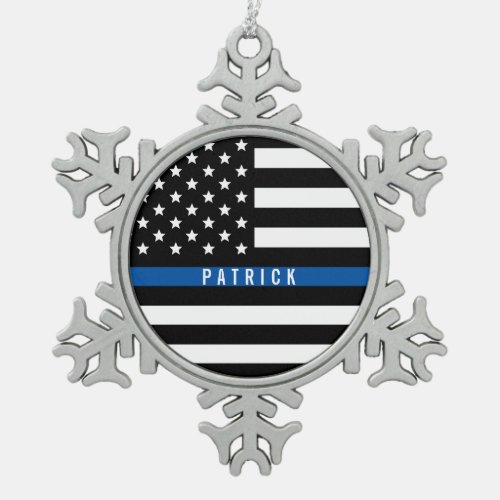 Thin Blue Line Police Monogrammed Name Snowflake Pewter Christmas Ornament