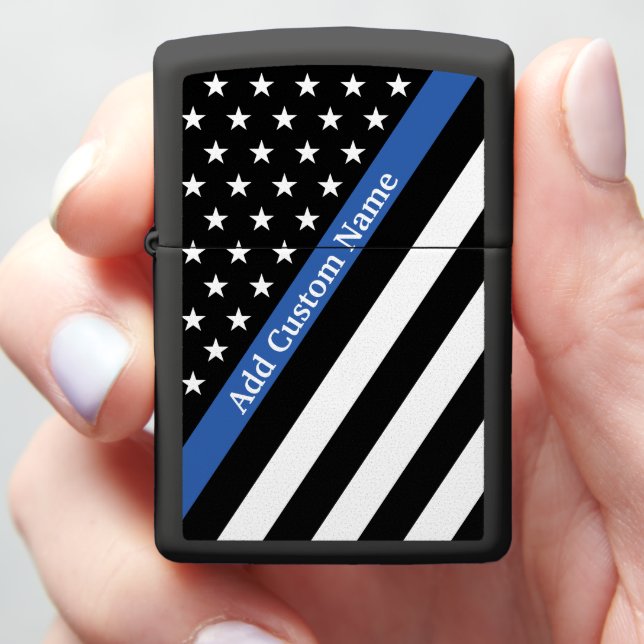 Thin Blue Line Police Monogrammed Zippo Lighter (In Hand)