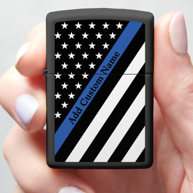 Thin Blue Line Police Monogrammed Zippo Lighter (In Hand)