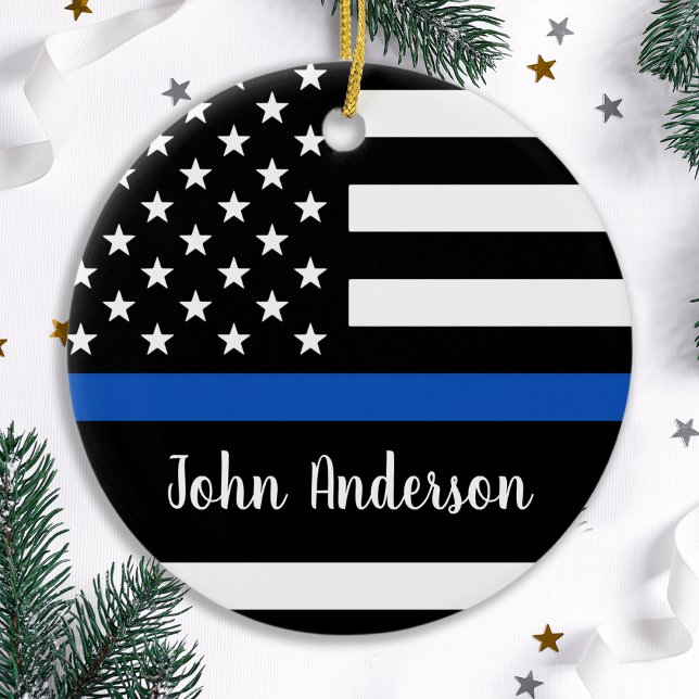Thin Blue Line - Police Officer - American Flag Ceramic Ornament (Creator Uploaded)