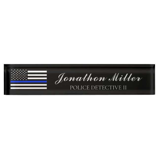 Thin Blue Line Police Officer American Flag Desk Name Plate (Front)