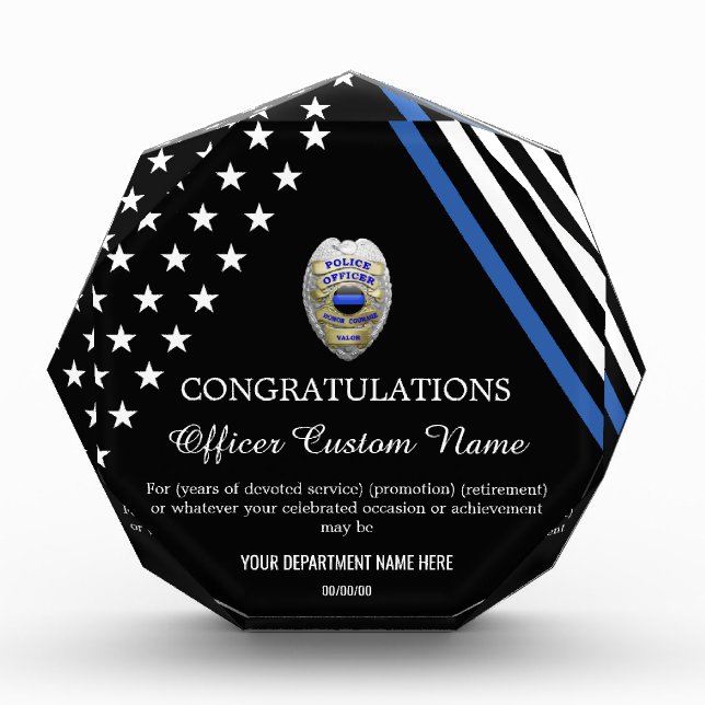 Thin Blue Line Police Officer Badge Acrylic Award (Front)