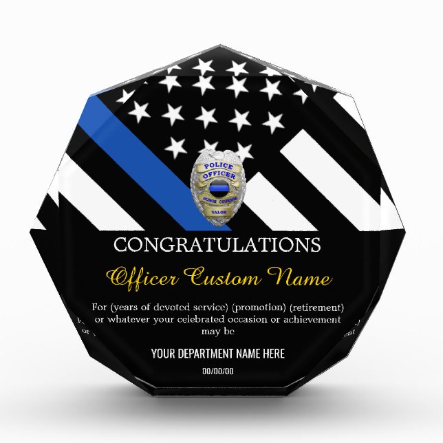 Thin Blue Line Police Officer Badge Acrylic Award (Front)