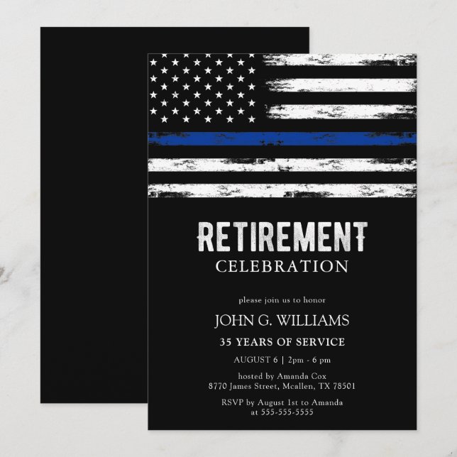 Thin Blue Line Police Officer Cop Retirement Invitation (Front/Back)